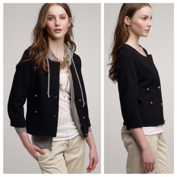 J. Crew Black Wool Pique Sultana Jacket Cropped blazer Gold Buttons pockets - Picture 2 of 9